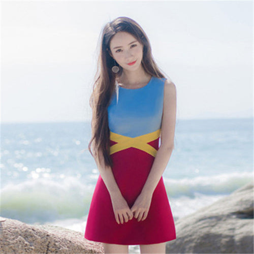 Women Party Dress Sleeveless Ladies Contrast Color Patchwork Straight Dresses O-Neck Females Sweet Brief Vestidos 72551 GS
