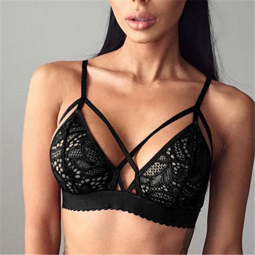 Women Sexy Black  Floral Sheer Lace Crop Tops Bralette Cross Hollow Out Unpadded Adjustable Cropped Ladies Vest #1121 GS