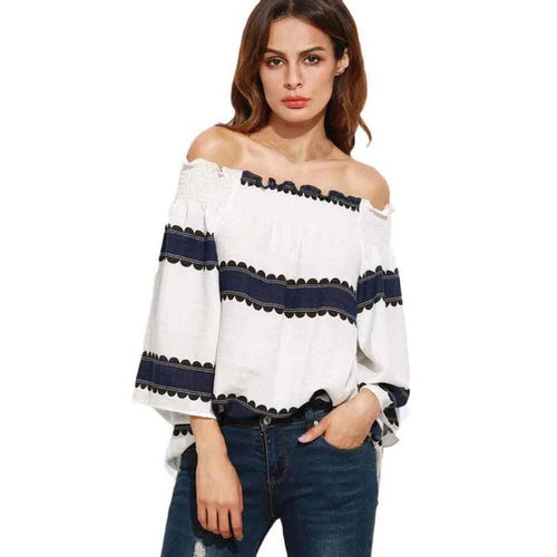 Women Sexy Off Shoulder Blouses Slash Neck Patchwork Summmer Long Sleeve Casual Tops Shirts Blusas camisetas mujer #23 GS