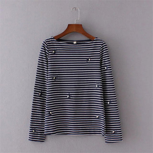 Women Summer Basic T Shirt Fashion Striped Tops O-Neck Full Sleeve Embroidery t-shirt 72257 GS