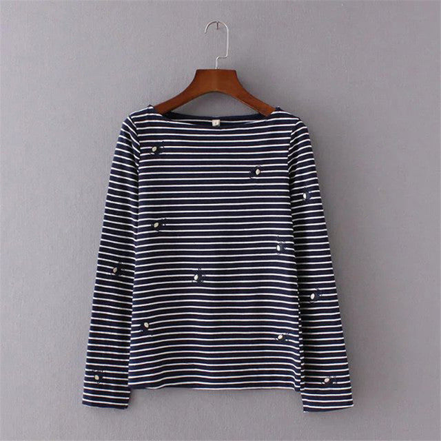 Women Summer Basic T Shirt Fashion Striped Tops O-Neck Full Sleeve Embroidery t-shirt 72257 GS