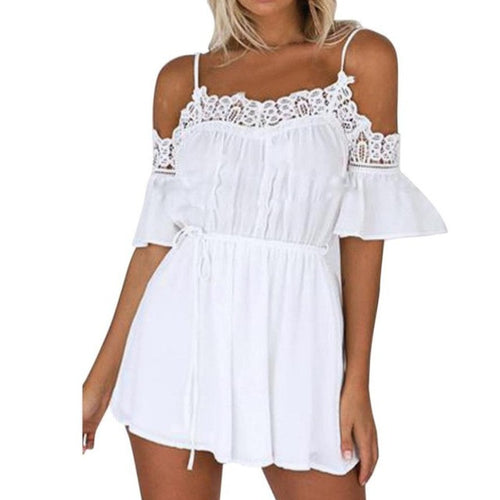Women  Off Shoulder Lace Splice Beachwear White Playsuits Women Casual Jumpsuits And Rompers Women monos cortos #421 GS