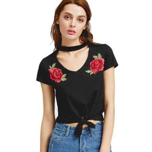 Women  Plus Size Tee Tops Embroidery Flower Short Sleeve Bandage Top Short Sleeve T-Shirt Women Poleras De Mujer #416 GS