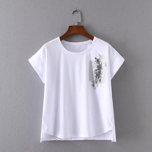 Women Summer Print Appliques T Shirt Fashion Bling Shining Casual Woman Irregular Tops O-Neck Short Sleeve t-shirt 72327 GS