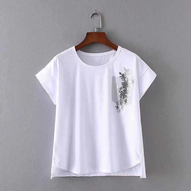 Women Summer Print Appliques T Shirt Fashion Bling Shining Casual Woman Irregular Tops O-Neck Short Sleeve t-shirt 72327 GS