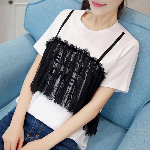 Women Summer Print Letter T Shirt Fashion Lace Sling Vest Stitching Tops O-Neck Short Sleeve t-shirt 72477 GS