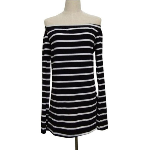 Women  T Shirt Black White Striped Off Shoulder Long Sleeve Casual Tee Tops T Shirt Female camisetas mujer verano #23 GS