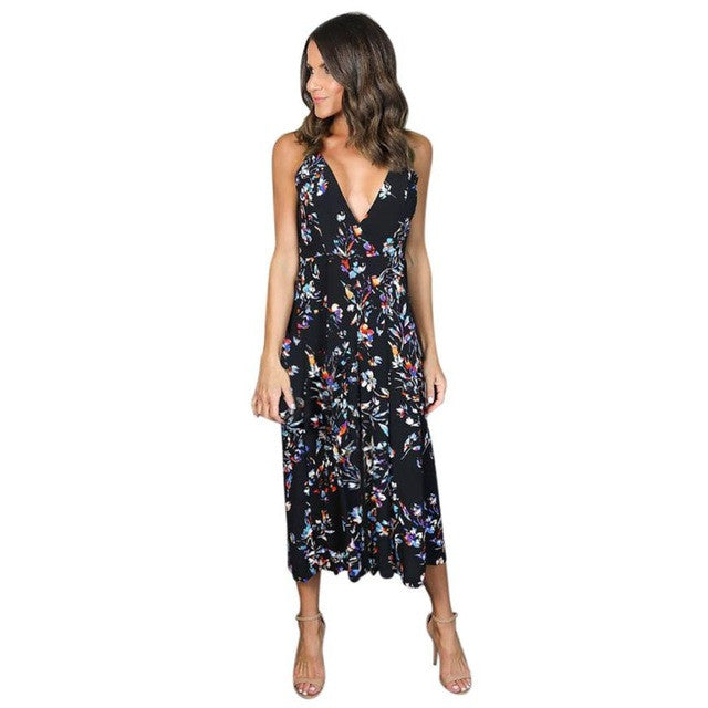 Women V Neck Boho Long Maxi Evening Party Dresses Backless Sling Floral Print Beach Dress vestidos mujer #63 GS
