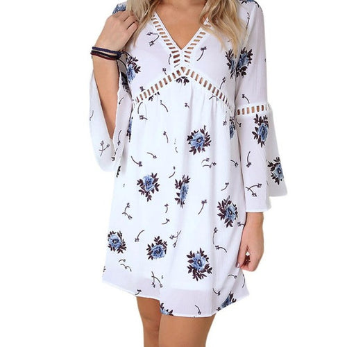 new fashion   women elegant Dress Flare Long Sleeve Floral Print Women Chiffon V Neck Loose Mini Dress #63 GS
