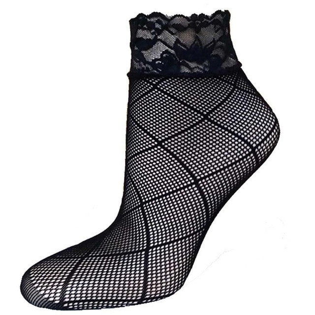 21Colors Fashion Transparent Fishnet Socks Women Lace Nylon Hollow Out Ankle Length Short Socks Ladies Calcetines De Mujer #03 GS