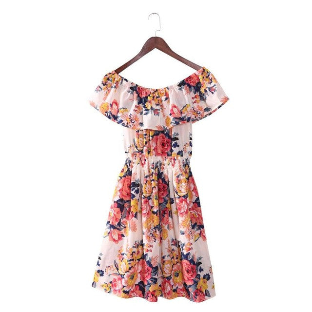 5 Colors Fashion Women Off Shoulder Dress Floral PrintGirls Womens Dresess Boat Neck Strapless Cute Dress Female Vestidos GS