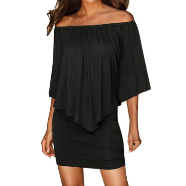 Amercian Apparel Sexy  Dress  dress Women Fashion Ruffles Off Shoulder Mini bodycon dresses Ladies Black vestidos #23 GS