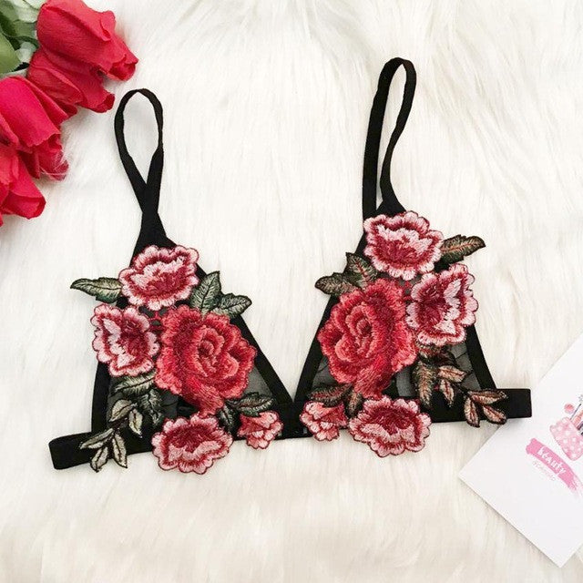 Appliques Embroidery Floral Tank Tops Women  Sexy Unpadded Strap Lace Sheer Cropped Bralette Triangle Bustier Crop Top #63 GS
