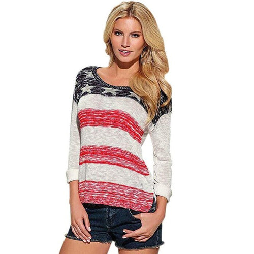 Fashion Womens Long Sleeve Shirts Stripe Stars Loose Knit Casual Ladies Tee Tops T-Shirt Female Camisetas Mujer GS