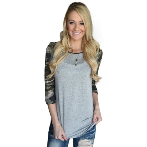 Women Basic T Shirts Long Sleeved Casual Loose Camouflage Splice O Neck Pullover Tops Women T Shirt Female GS