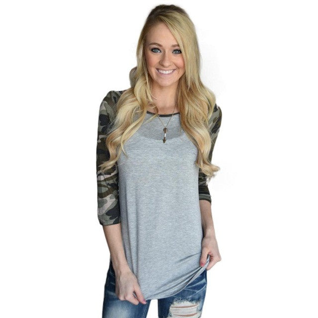 Women Basic T Shirts Long Sleeved Casual Loose Camouflage Splice O Neck Pullover Tops Women T Shirt Female GS
