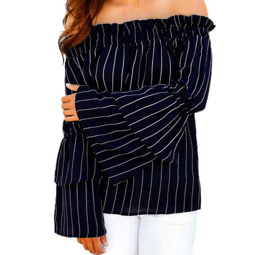 Bluses Women Sexy Off Shoulder Tops Female Slash Neck Striped Casual Loose Long Sleeve Shirts Women Blusa GS