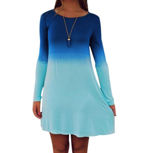 Dress Women Vintage Gradient Color O-Neck Long Sleeve Vestidos Casual Loose Women Cotton Dresses Robes Femmes GS