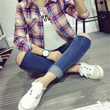 Autumn Fashion Casual Women Blouse  European New Simple Plaid Shirts Turn-down Collar Long Sleeve Tops Female Shirt 31661 GS