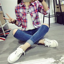 Autumn Fashion Casual Women Blouse  European New Simple Plaid Shirts Turn-down Collar Long Sleeve Tops Female Shirt 31661 GS