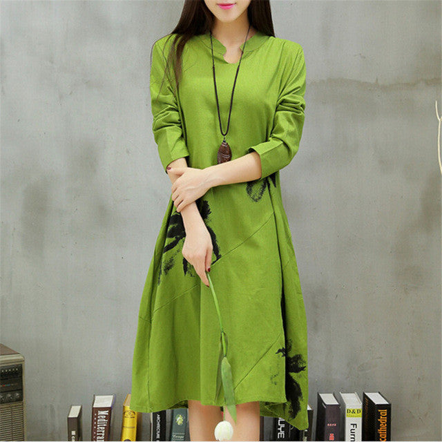Autumn New long section dress  Women Dresses Ethnic Style Vestidos Long Sleeve Retro Print Linen Loose Casual Vestido 31778 GS