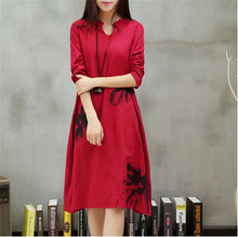 Autumn New long section dress  Women Dresses Ethnic Style Vestidos Long Sleeve Retro Print Linen Loose Casual Vestido 31778 GS
