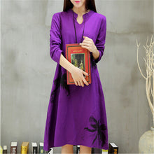 Autumn New long section dress  Women Dresses Ethnic Style Vestidos Long Sleeve Retro Print Linen Loose Casual Vestido 31778 GS