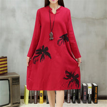 Autumn New long section dress  Women Dresses Ethnic Style Vestidos Long Sleeve Retro Print Linen Loose Casual Vestido 31778 GS
