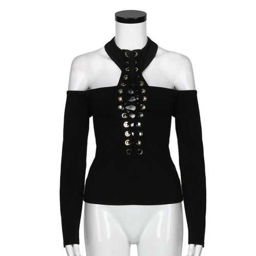 Sexy T-shirt Women Bandage Tshirt Strap Black Turtleneck Off Shoulder Slim Tee Top Femme  GS