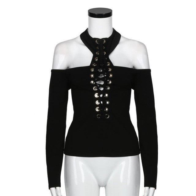 Sexy T-shirt Women Bandage Tshirt Strap Black Turtleneck Off Shoulder Slim Tee Top Femme  GS