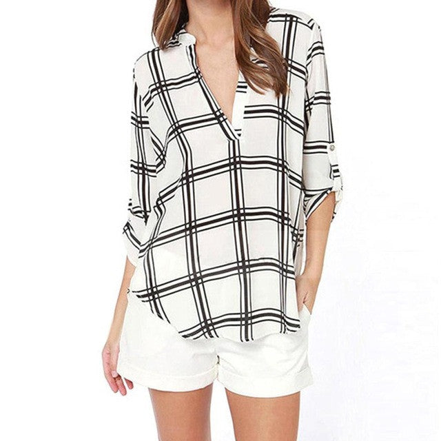 Style Blouses  Women Long Sleeve Casual V-Neck Plaid Office Wear Womens Blouse Chiffon Shirts Loose Ladies Tops Femme GS