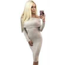 Elegant Women Off Shoulder Long Sleeve Slim Bodycon OL Midi Dress Women Evening Party vestidos feminino #1123 GS