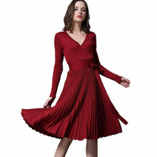 Elegant Women A-line Deep V Neck Pleated Evening Party Dress Vintage Long Sleeve Ladies Dresses Red vestidos GS