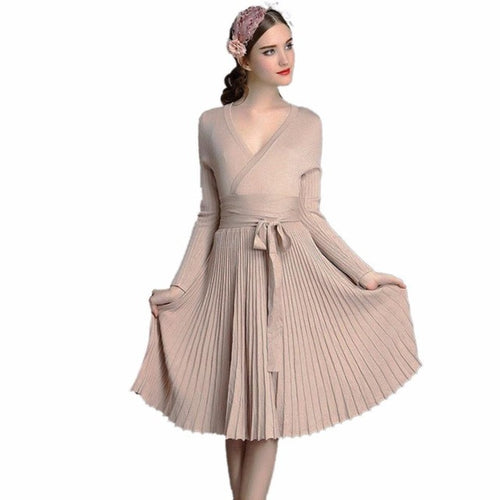Elegant Women A-line Deep V Neck Pleated Evening Party Dress Vintage Long Sleeve Ladies Dresses Red vestidos GS