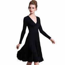 Elegant Women A-line Deep V Neck Pleated Evening Party Dress Vintage Long Sleeve Ladies Dresses Red vestidos GS