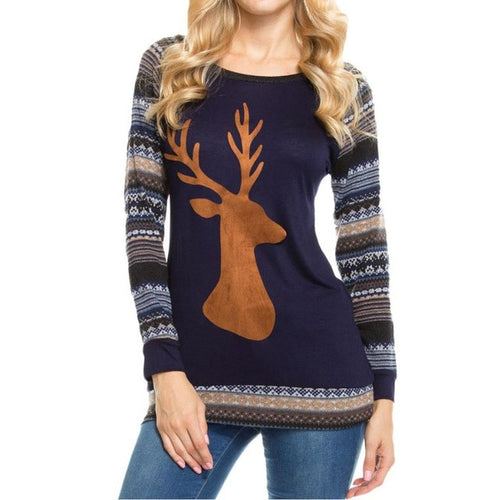 Splicing T Shirt Women  Fashion Deer Pattern Tops Long Sleeve Fashion T-shirts Women Tee Shirt Femme #1122 GS