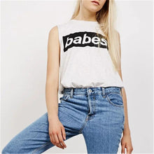 Babes Letter Print  New European Style Fashion Sleeveless T-shirts Plus Size Female T shirts Top O-neck Women t shirt 72590 GS