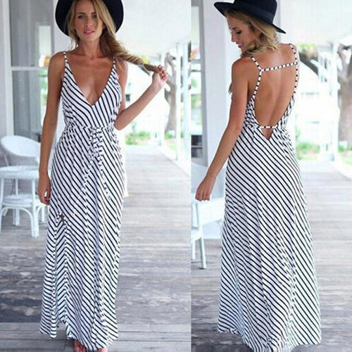Backless Women Dress Chiffon Long Striped Dress  new style  dress A-Line V-neck Sleeveless Sexy Maxi Dresses With Belt GS
