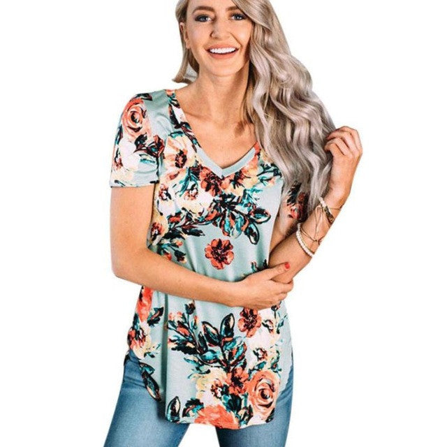 Basic T Shirt Women Short Sleeve Womens Tops   Flower Print Tee Shirt Women T-Shirts Cotton New Tshirt #425 GS