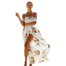 Beach Strapless Boho Dress Women  New Off Shoulder Ladies Floral Printed Irregular Splite Short Sleeve Long Dress Female #63 GS