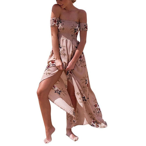 Beach Strapless Boho Dress Women  New Off Shoulder Ladies Floral Printed Irregular Splite Short Sleeve Long Dress Female #63 GS