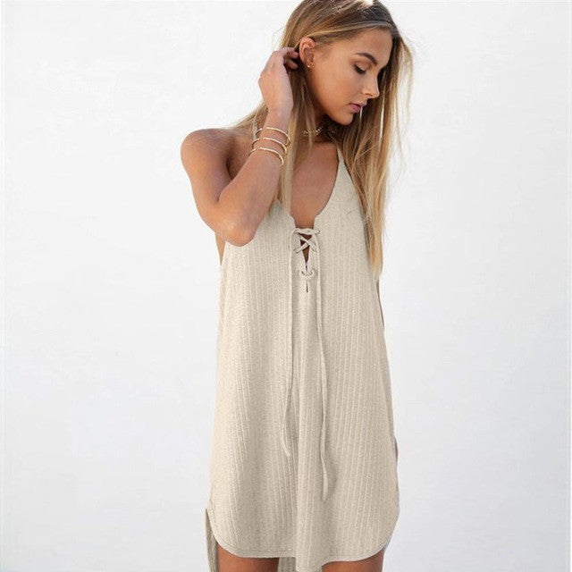 Beach Style Womens Dresses V Neck Lacing Sexy   Solid Sleeveless Casual Loose Mini Dress Backless vestidos mujer #53 GS
