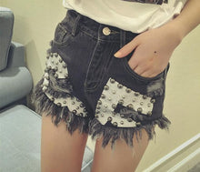 Beading High Waist Women Denim Shorts  New Female Summer Skinny Burrs Short Jeans Korea Fashion Letter Print Short 71156 GS