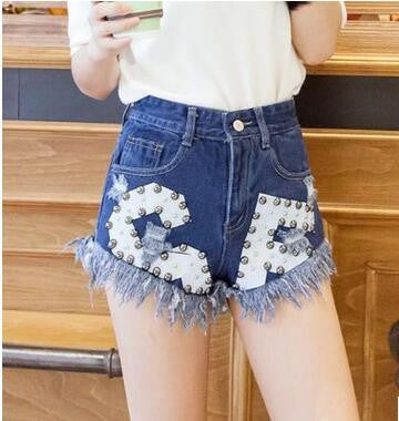 Beading High Waist Women Denim Shorts  New Female Summer Skinny Burrs Short Jeans Korea Fashion Letter Print Short 71156 GS