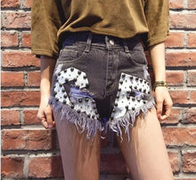 Beading High Waist Women Denim Shorts  New Female Summer Skinny Burrs Short Jeans Korea Fashion Letter Print Short 71156 GS