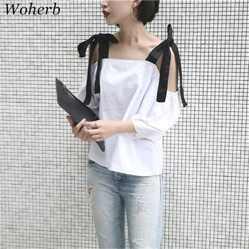Black Bow Tie Sexy White t-shirt  New Korean Women T shirts Sweet Women Short Sleeve Female Slash neck Tops Plus Size 72672 GS