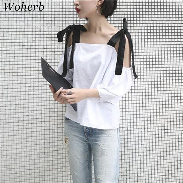 Black Bow Tie Sexy White t-shirt  New Korean Women T shirts Sweet Women Short Sleeve Female Slash neck Tops Plus Size 72672 GS