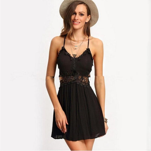 Black Chiffon Dress Women  New Arrival  Beach V Neck Lace Sleeveless Backless Bandage Evening Party Mini Dress #63 GS