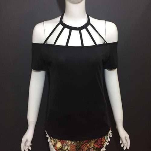 Black Tee Shirts Women Fashion Hollow Out Strapless Women Sexy Cross Tops Short Sleeve Shirt Casual T-Shirt Female  #23 GS