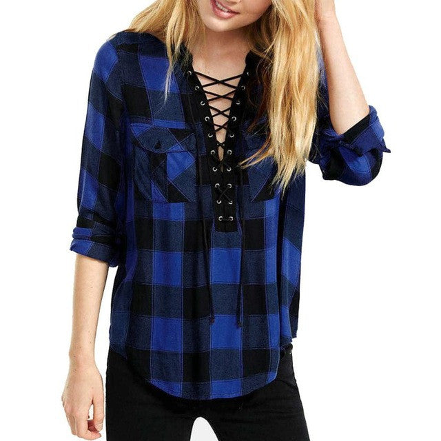 Blue Plaid Deep V Neck Women    Tops  Fashion Blouse Women Shirts Lacing Loose Casual Ladies Blouses #23 GS